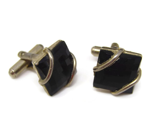 Vintage Cufflinks for Men: Faceted Black Glass Silver Tone Wrap Setting