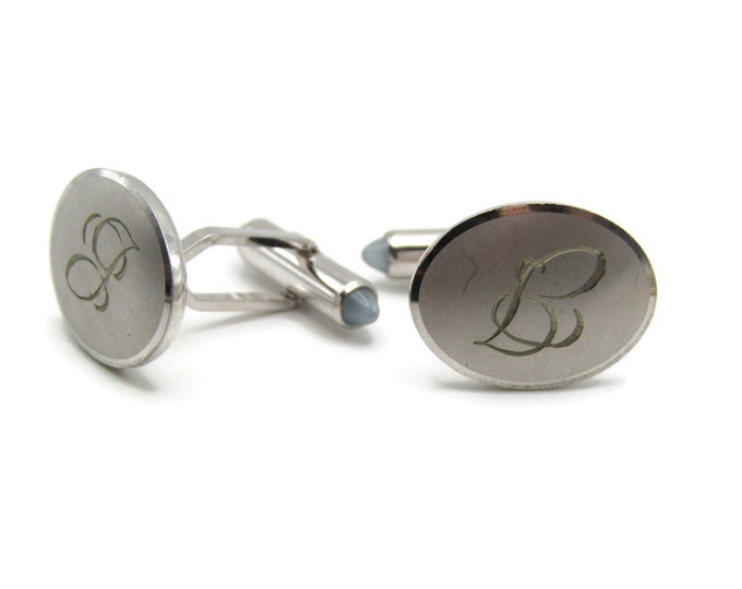 Vintage Cufflinks for Men: B Initial Letter Monogram Beveled Edge Silver Tone