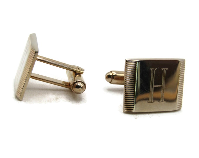 H Letter Initial Monogram Square Cuff Links Gold Tone Men's Jewelry
