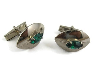 Vintage Cufflinks for Men: Green Jewel Center Football Design Silver Tone