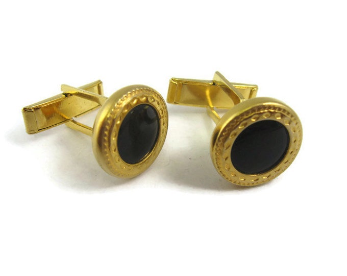 Vintage Cufflinks for Men: Lovely Small Fancy Gold Tone Setting Black Center