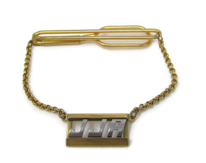 JJA Letter Initials Chains Tie Clip Bar Gold Tone Vintage Men's Jewelry Nice Design