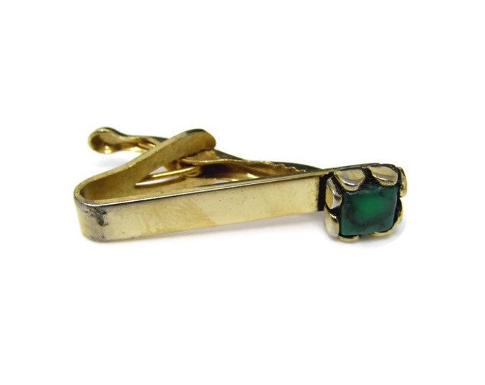 Vintage Tie Bar Tie Clip: Green Accent Nice Gold Tone Setting