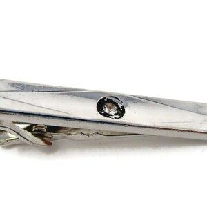 Vintage Tie Bar: Silver Tone Clip with Clear Jewel