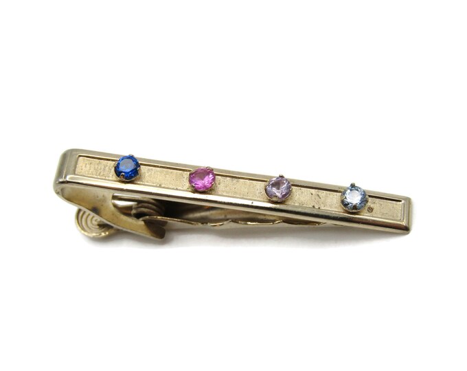 Rhinestone Inlay Brushed Finish Gold Tone Tie Bar Modernist Tie Clip Men's Jewelry