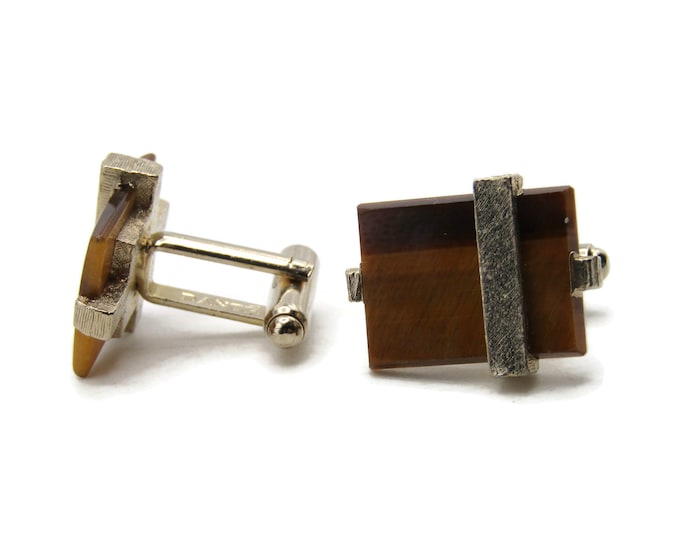 Brown Rectangle Stone And Wrap Around Bar Cuff Links Men's Jewelry Gold Tone