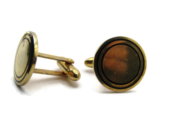 Round Black Circle Edge Pattern Cuff Links Men's Jewelry Gold Tone