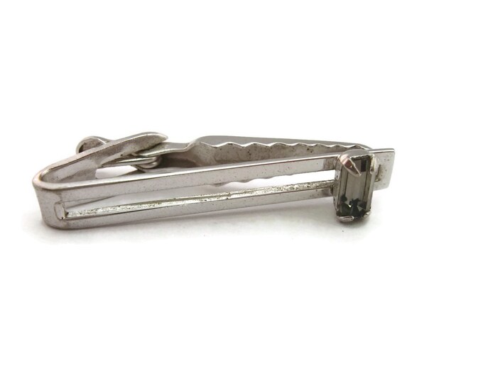 Vintage Men's Tie Bar Clip Jewelry: Silver Tone See Through Middle Clear Jewel Design