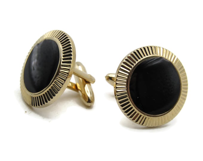 Round Black Stone With Etched Edging Cuff Links Men's Jewelry Gold Tone