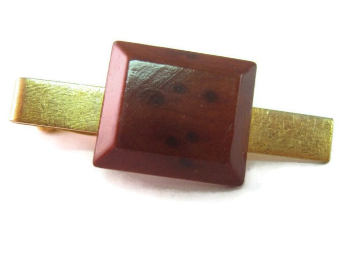 Vintage Men's Tie Bar Clip Jewelry: Beveled Square Wood Block Textured Gold Tone