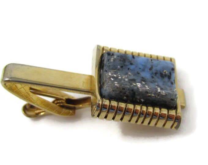 Vintage Tie Clip Bar for Men: Blue Black Gold Speckled Glass Design Gold Tone