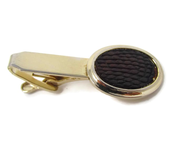 Vintage Tie Clip Tie Bar: Leather Accent Beautiful Texture Gold Tone