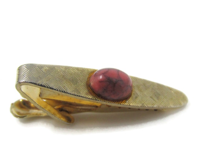 Pink Accent Center Tie Bar Clip Gold Tone Vintage Men's Jewelry Nice Design