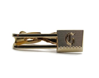 G Initial Letter Monogram Silver and Gold Tone Modernist Tie Clip Tie Bar Men's Jewelry