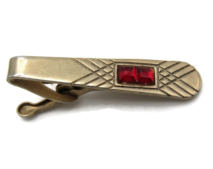 Red Stone Inlay Diagonal Lines Tie Clip Tie Bar Men's Jewelry Gold Tone