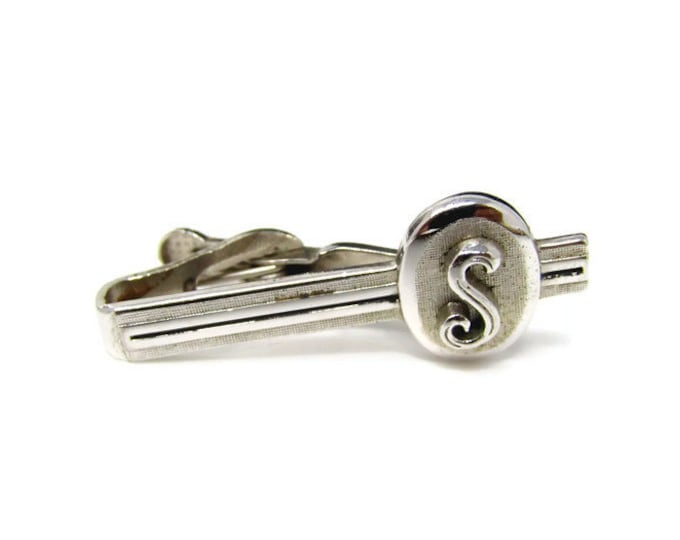 Vintage Tie Bar Tie Clip: Letter S Initials "S" Silver Tone Textured Design