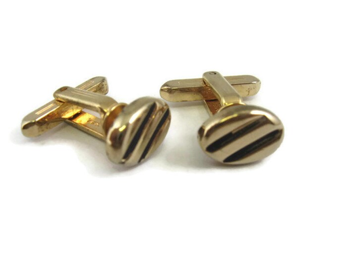 Small Grooved Oval Gold Tone Black Stripes Vintage Men's Cufflinks Jewelry