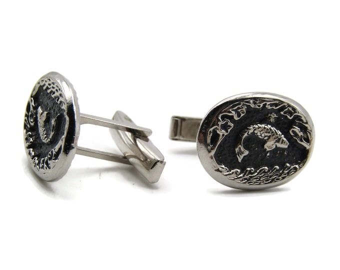 Fish And Motif Oval Cuff Links Men's Jewelry Black And Silver Tone
