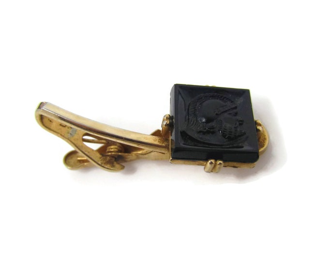 Vintage Tie Bar Clip: Warrior Head Profile Black Accent