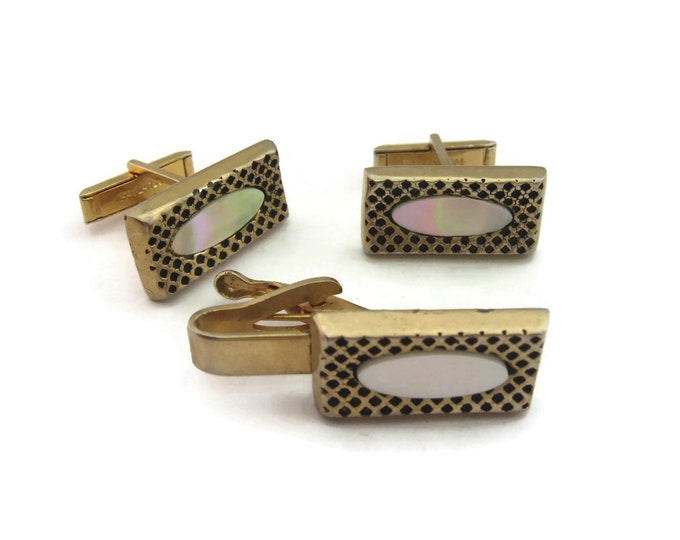 Vintage Men's Jewelry Set Tie Bar Cufflinks: Mother of Pearl Grid Like Gold Tone Pattern Design