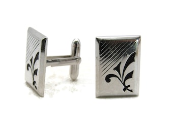 Etched Line and Black Motif Cuff Links Silver Tone Men's Jewelry