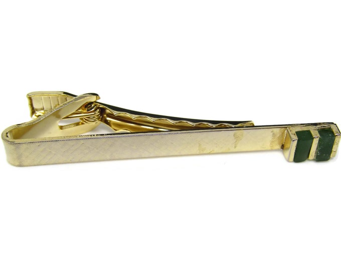 Vintage Tie Clip Tie Bar: Double Green Accent Textured Gold Tone Design