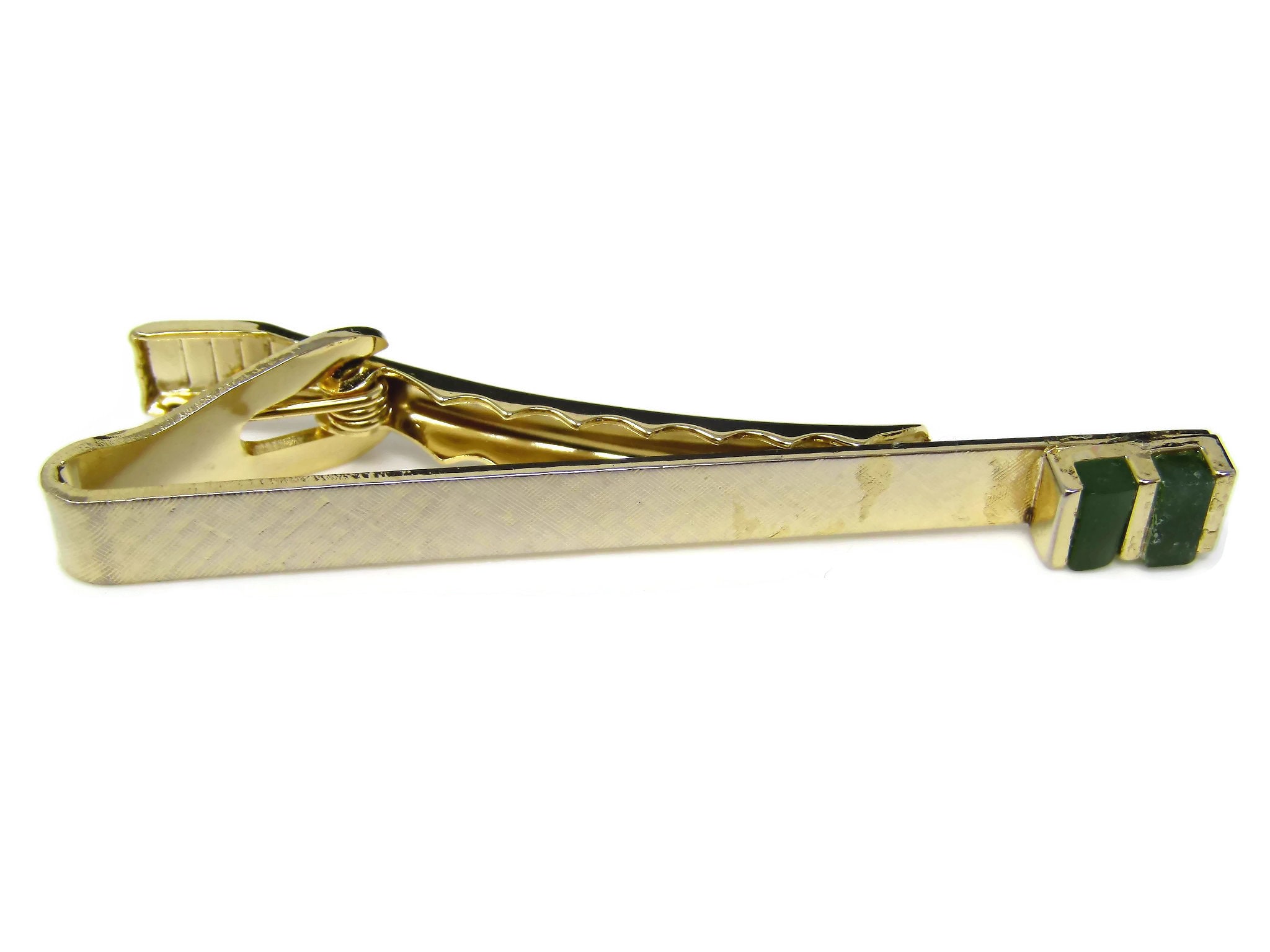 Vintage Tie Clip Tie Bar Double Green Accent Textured Gold Tone Design