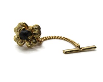 Black Stone Four Leaf Clover Flower Tie Pin And Chain Men's Jewelry Gold Tone