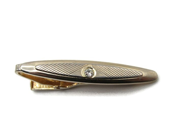Rhinestone Centered Rounded Edge Etched Line Patterened Gold Tone Tie Bar Tie Clip Men's Jewelry