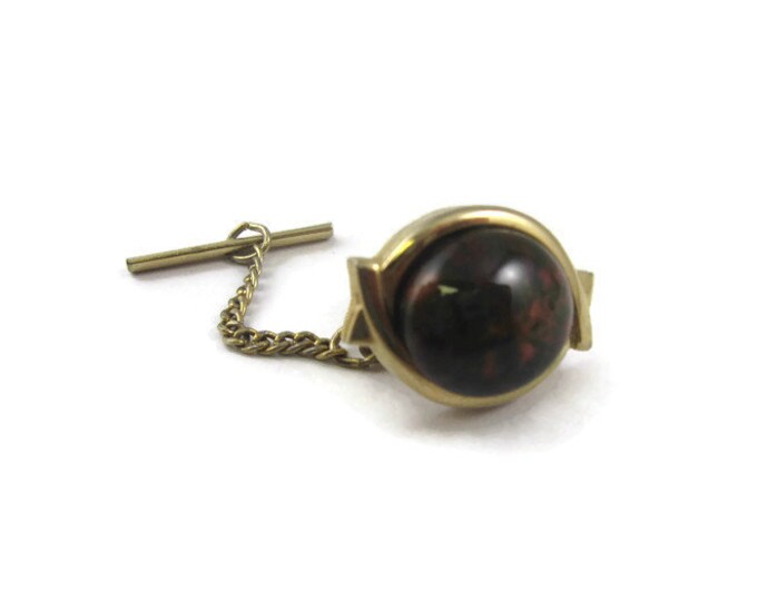 Vintage Tie Tack Tie Pin: Dark Green and Red Stone Accent