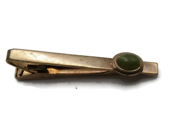 Light Green Stone Inlay Modernist Tie Clip Tie Bar Men's Jewelry Gold Tone
