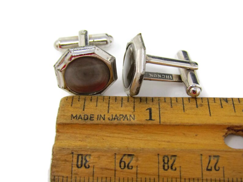 Vintage Cufflinks for Men Dark Mother of Pearl Octagon Silver Tone Made in USA