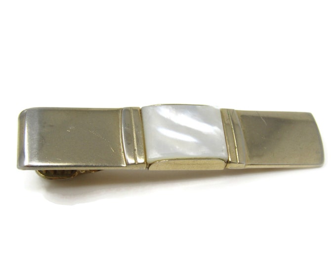 Mother of Pearl Center Tie Bar Clip Gold Tone Vintage Men's Jewelry Nice Design