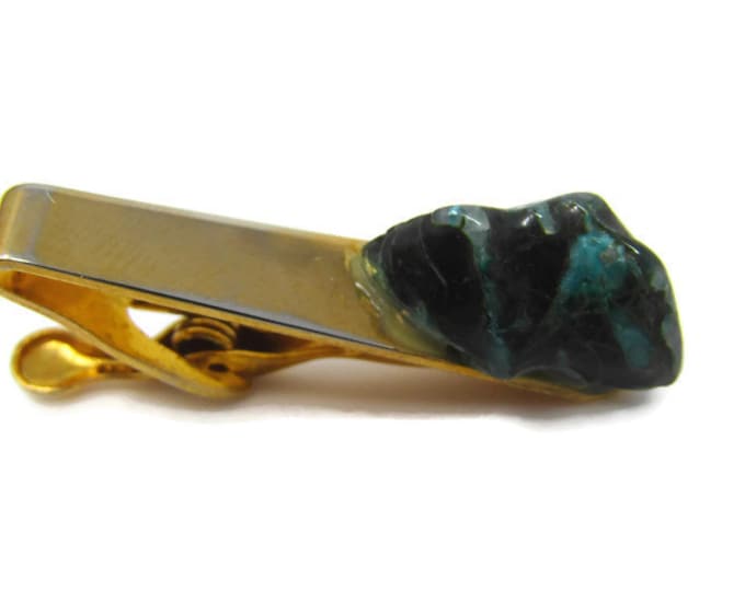 Blue Black Stone Tie Clip Vintage Tie Bar: Gold Tone Body