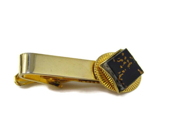 Vintage Tie Bar Tie Clip: Black & Gold Fleck Accent Beautiful Setting Gold Tone