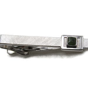 Green Stone Inlay Brushed Finished Tie Bar Tie Clip Men's Jewelry Silver Tone