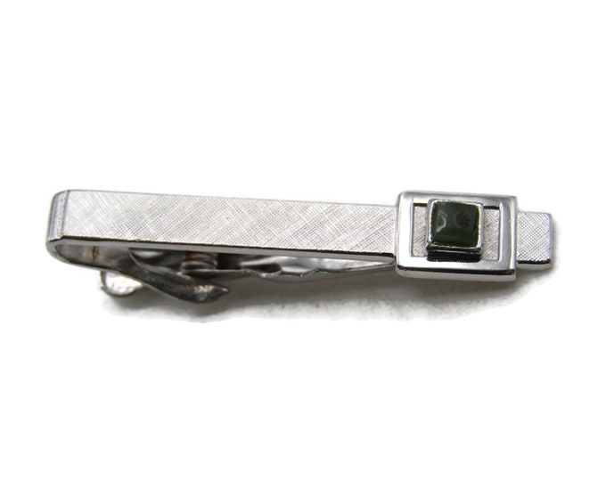 Green Stone Inlay Brushed Finished Tie Bar Tie Clip Men's Jewelry Silver Tone