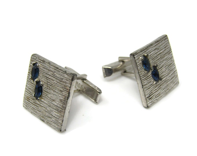 Double Blue Jewel Wood Texture Cufflinks for Men: Vintage Silver Tone - Stand Out from the Crowd with Class