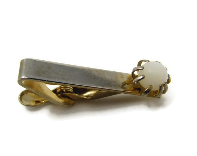 White Ball Claw Setting Tie Clip Vintage Tie Bar: Faded Gold Tone
