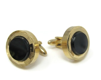 Vintage Black Center Cufflinks: Gold Tone Border, Men's Jewelry