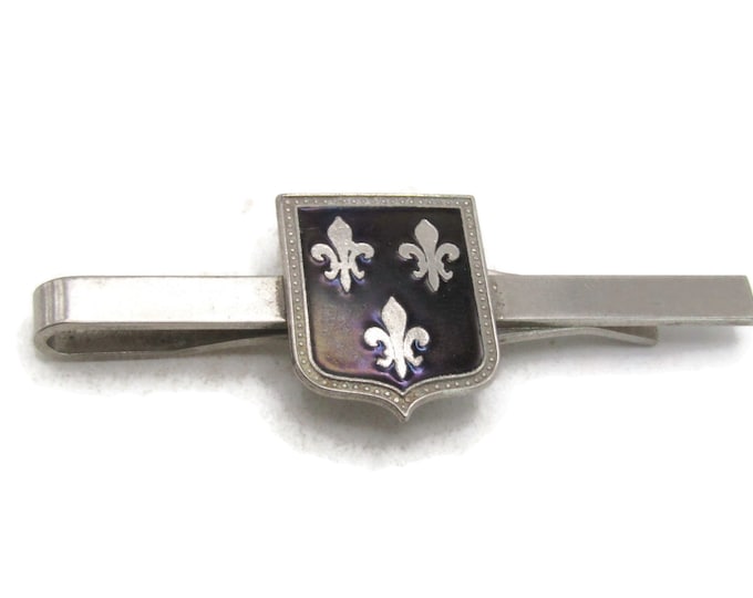 Fleur de Lis Black Background Crest Tie Clip Silver Tone Tie Bar Men's Jewelry