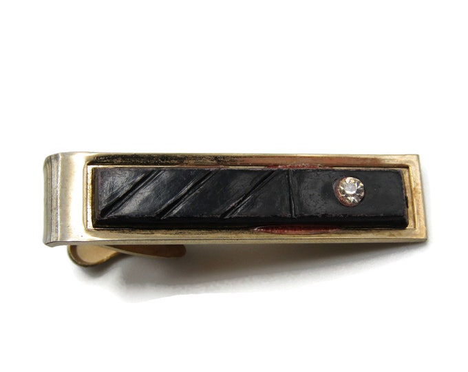 Clear Rhinestone Linlay Black Etched Background Gold Tone Tie Bar Tie Clip Men's Jewelry