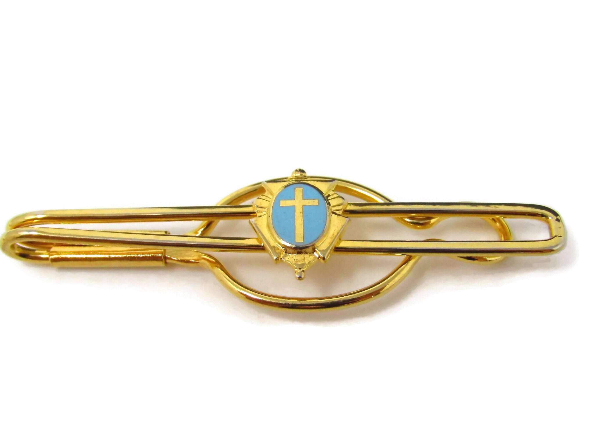 Vintage Tie Clip Tie Bar Christian Religious Cross Blue Enamel Design