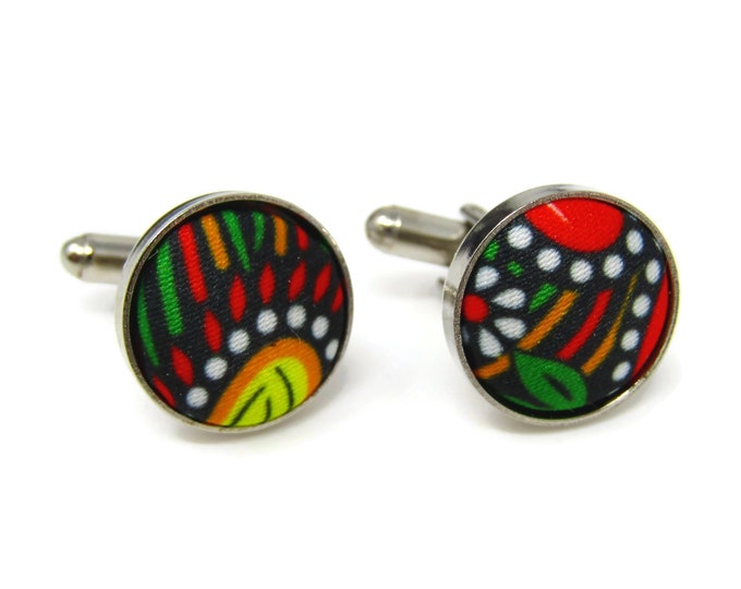 Vintage Cufflinks for Men: Colorful Fabric Sun & Flower Design