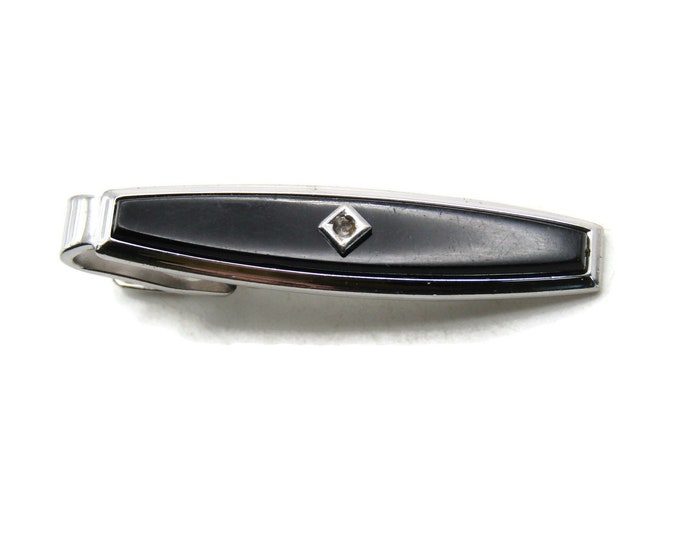 Black Stone And Diamond Shape Center Tie Clip Tie Bar Men's Jewelry Silver Tone