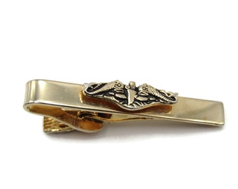 Abstract Fish and Ship Raised Etched Design Gold Tone Tie Bar Tie Clip