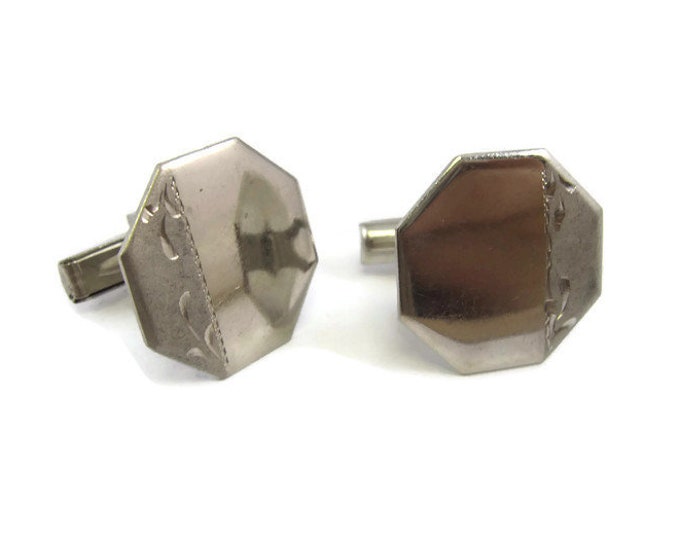 Octagon Shape Textured Side Smooth Silver Tone Vintage Men's Cufflinks Jewelry