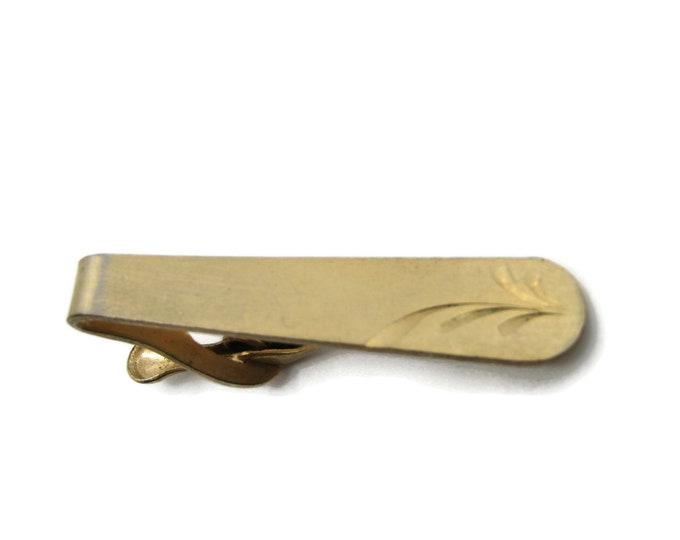 Tapered Brushed Finish Leaf Etched Classic Modernist Tie Bar Gold Tone Tie Clip Men's Jewelry