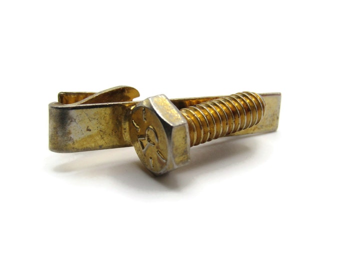 Screw Front Tie Clip Handyman Fix It Mechanic Lock Etchted Top Gold Tone Tie Clip Men's Jewelry