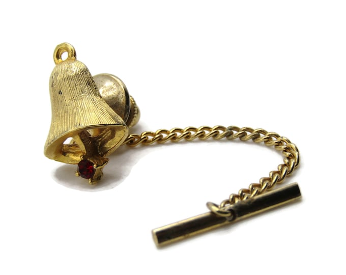 Bell With Red Rhinestone Tie Pin And Chain Men's Jewelry Gold Tone